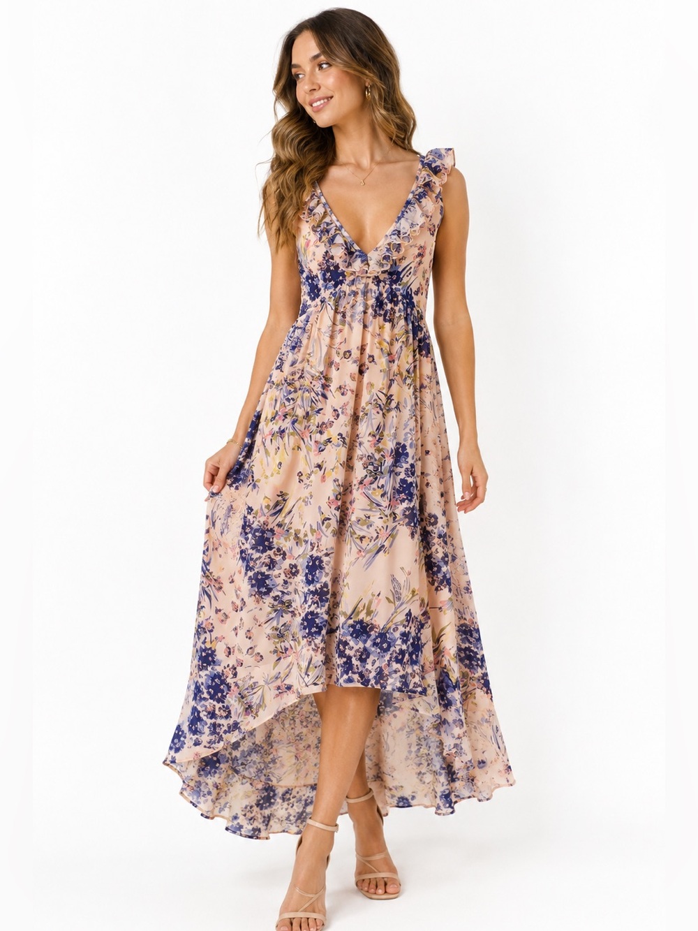 Leith Pink Floral V-Neck High-Low Maxi Dress with Navy Print